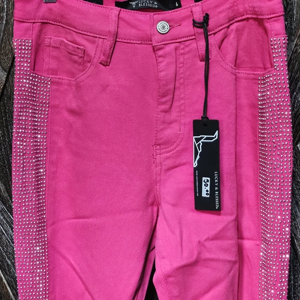 NEW LUCKY AND BLESSED Pink Rhinestone Side Panel Flare Jeans (Tummy Control)